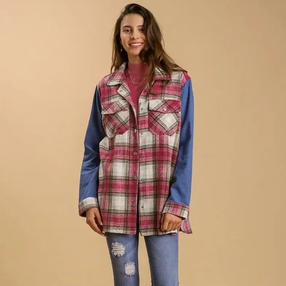 New UMGEE Plaid Flannel Fringe Shacket Magenta Pink Snap Up Denim Sleeves - Picture 1 of 13